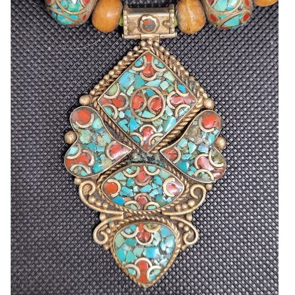 Traditional Moroccan Berber Beaded Necklace with Turquoise and‎ Coral Accents - Picture 4 of 10
